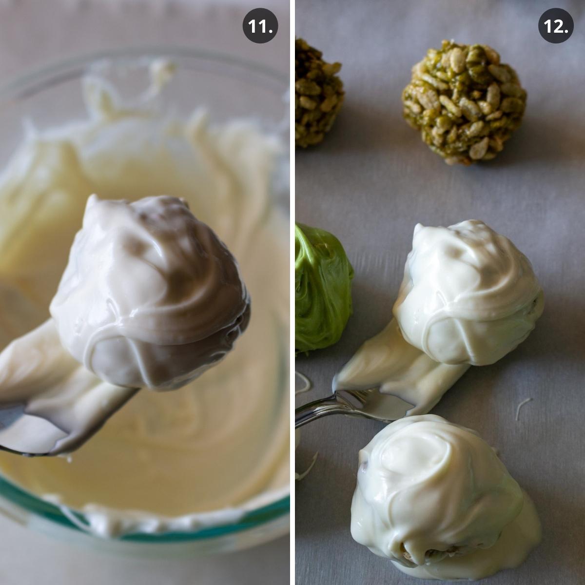 Dipping matcha rice crispy balls into matcha chocolate.