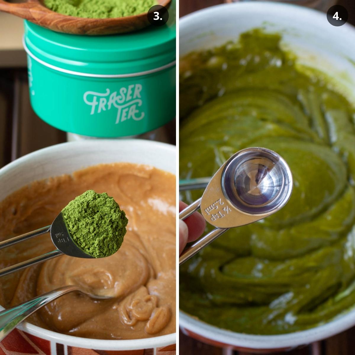 Adding matcha powder and jasmine essence to nut butter mixture.