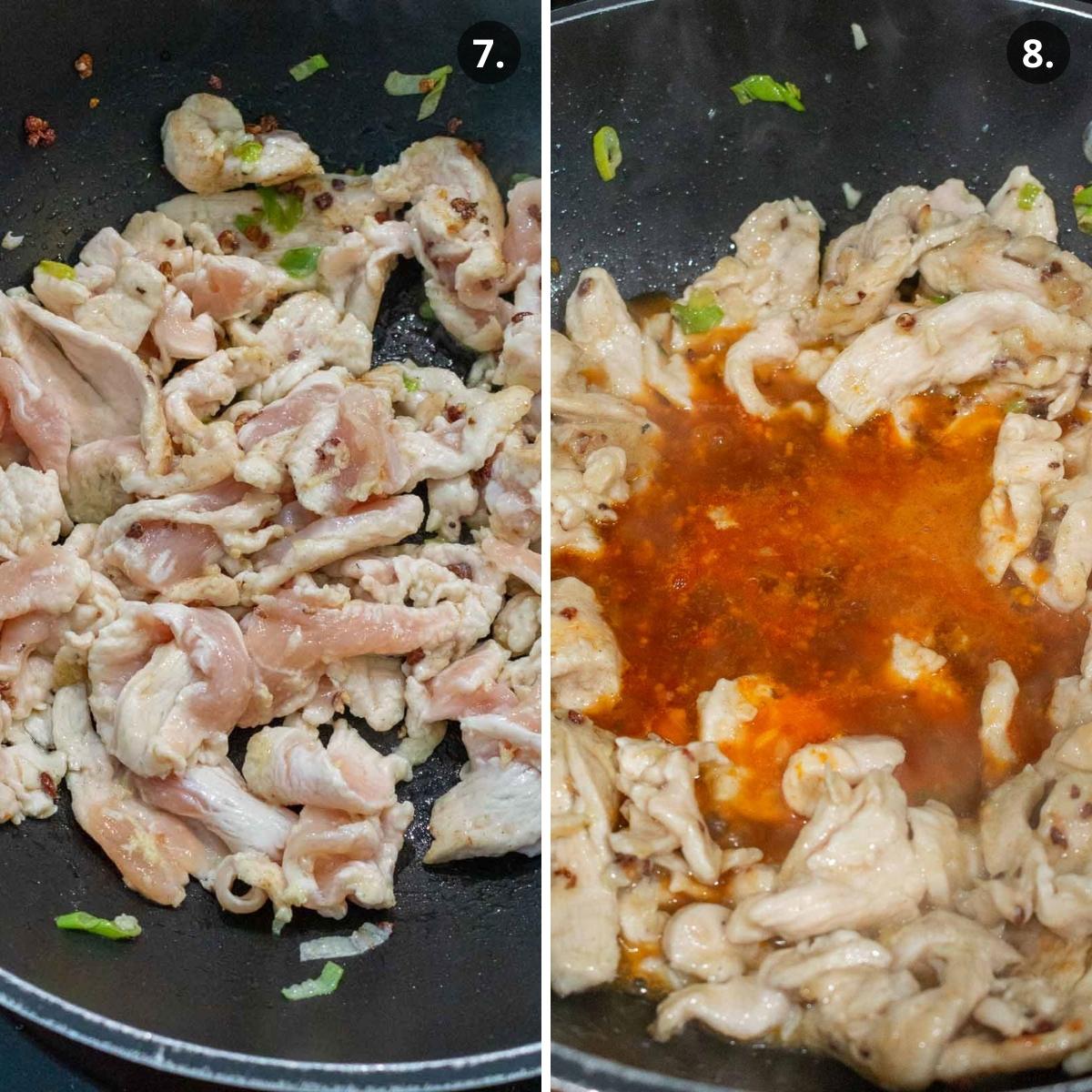 Stir frying chicken and adding mandarin orange sauce to the pan.