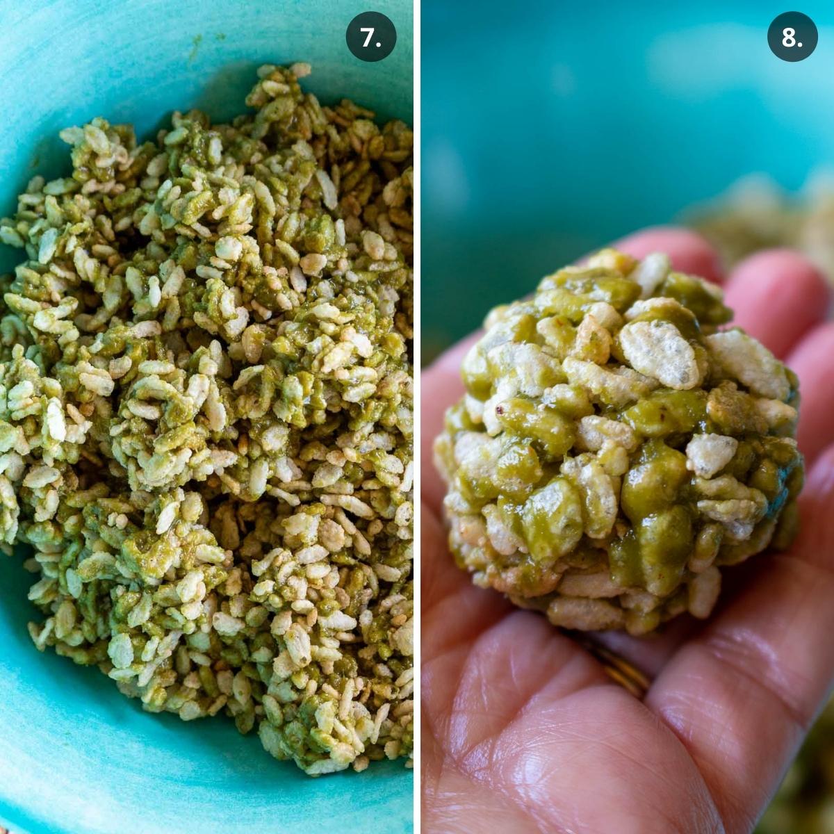 Mixing and rolling matcha rice cereal treats into balls.