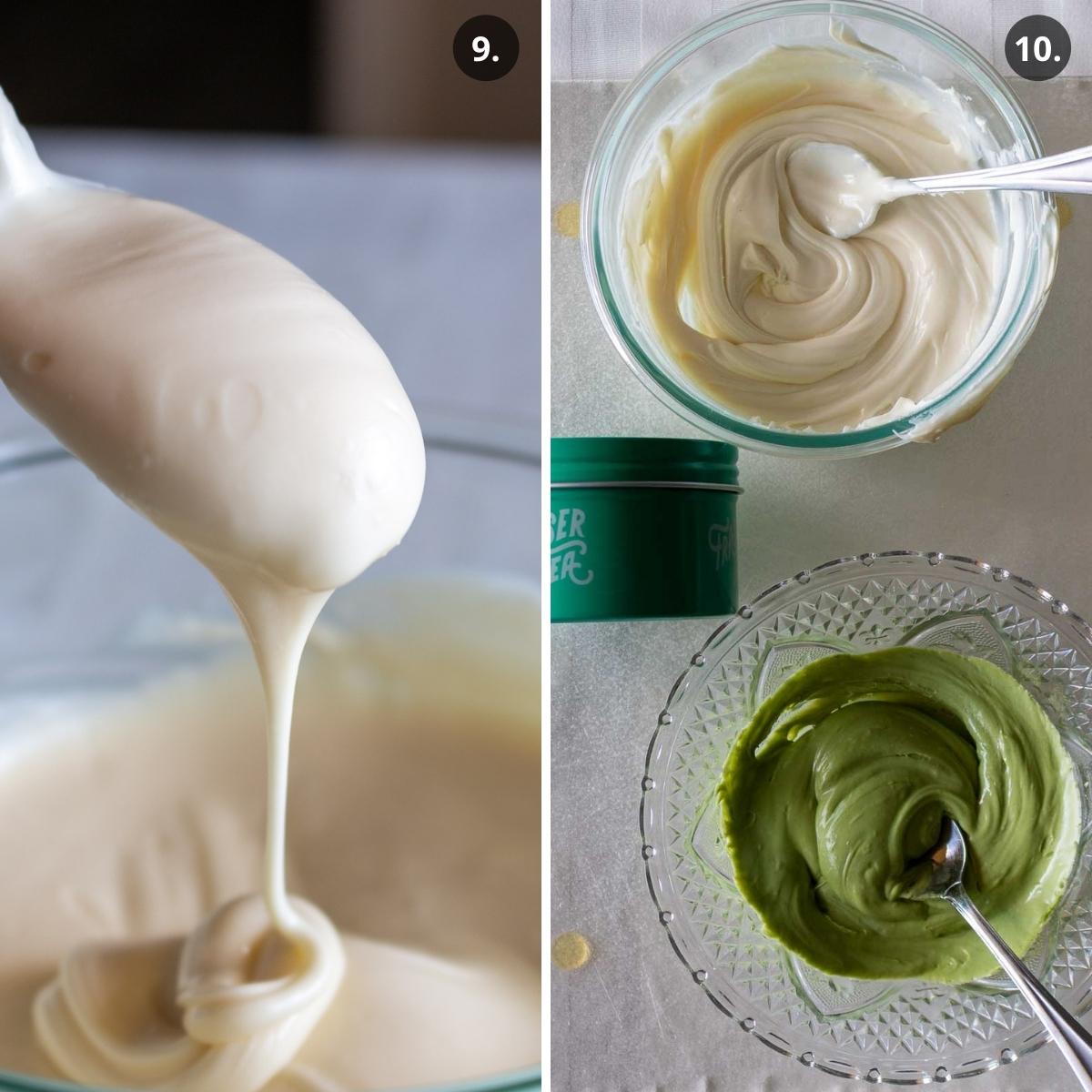 Melting vegan white chocolate and added matcha to one bowl of white chocolate.