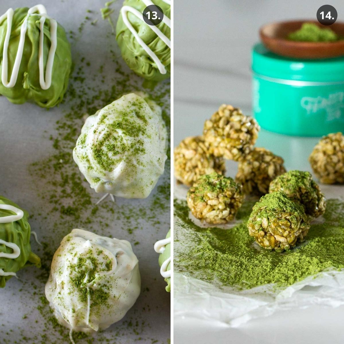 Decorating chocolate matcha crispy balls with white chocolate and some plain with just a dusting of matcha powder.