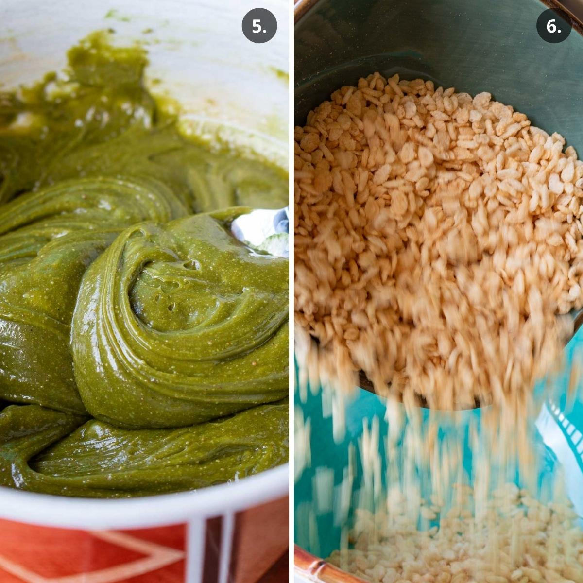 Stirring the creamy matcha cashew butter and measuring out the rice cereal.