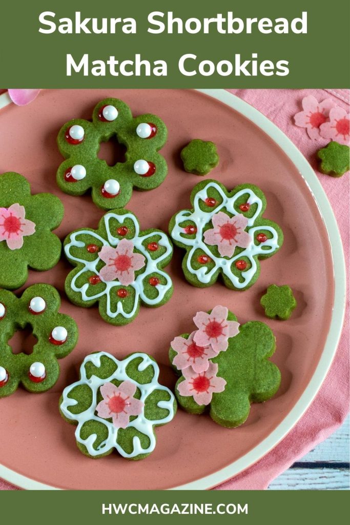 Plate of Matcha cookies on a pink plate.