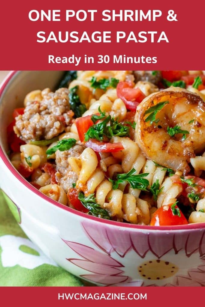 One pot shrimp and sausage in a flowered bowl.