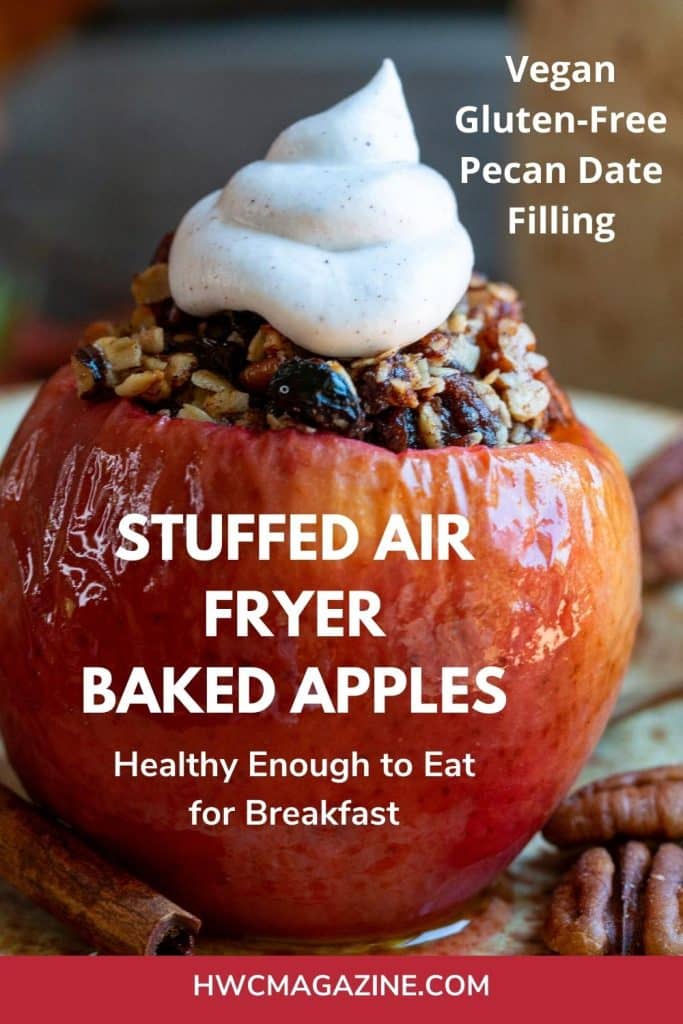 Stuffed air fryer baked apples with a dollop of coconut cream on top.