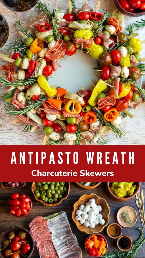 Antipasto wreath with wine and ingredients on a wooden board.