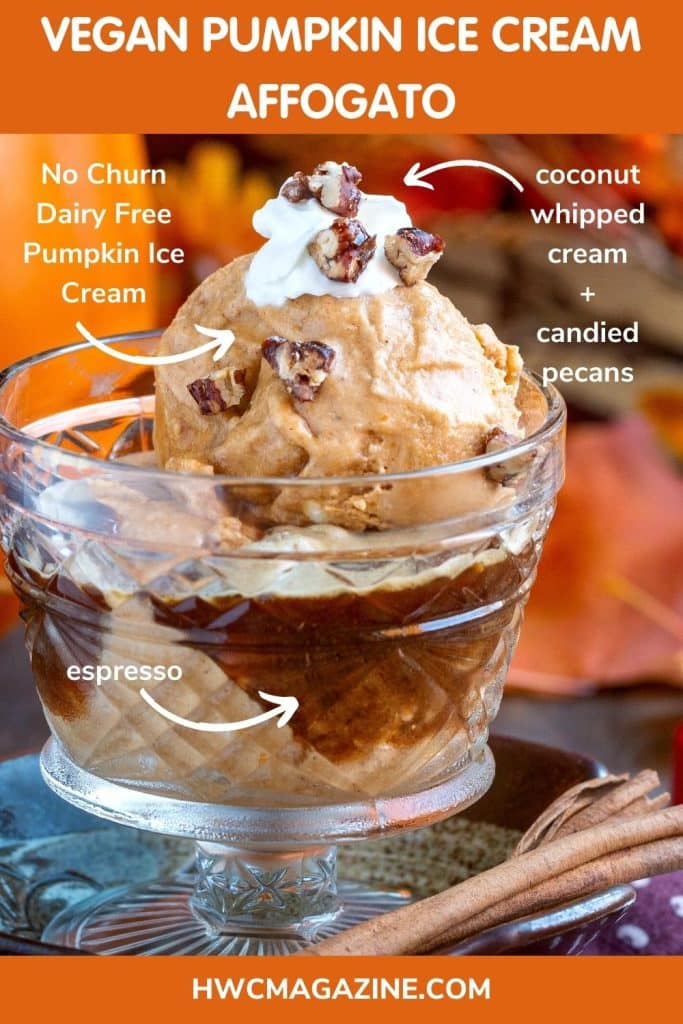 Vegan pumpkin ice cream in a glass cup with espresso and toppings.
