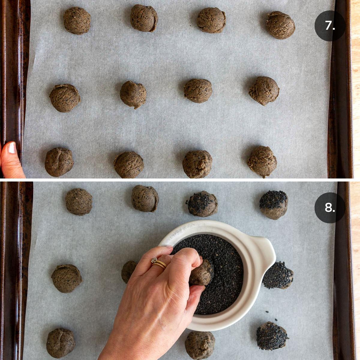 Placed coough dough balls on lined baking sheet and dipping into toasted sesame seeds. 