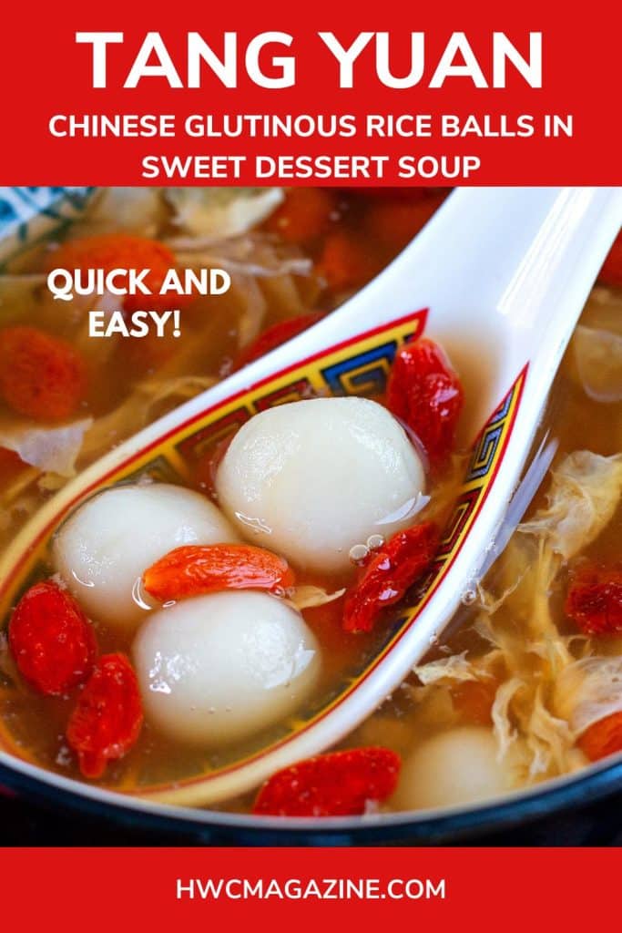 Soup spoon with 3 tang yuan balls and a sweet ginger broth.