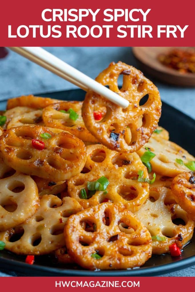 Stir Fried lotus root getting picked up with chop sticks.