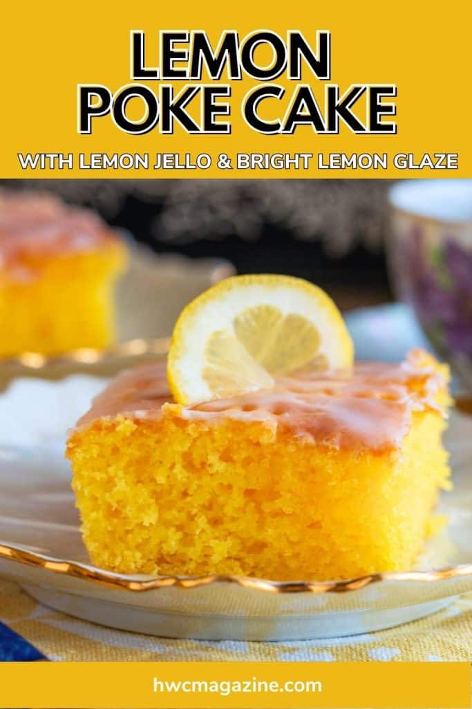 Lemon jello poke cake with a lemon glaze on a white plate with fresh lemons.