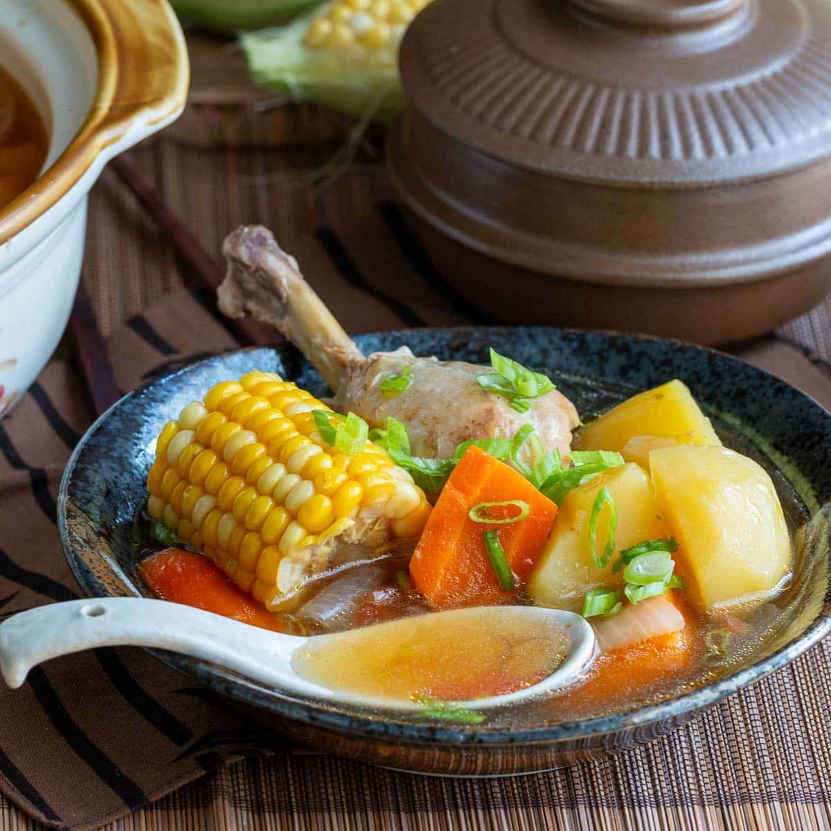 A bowl of prepared Cantonese ABC soup next to the Instant pot showing the clear broth in a spoon with vegetables and tender chicken.