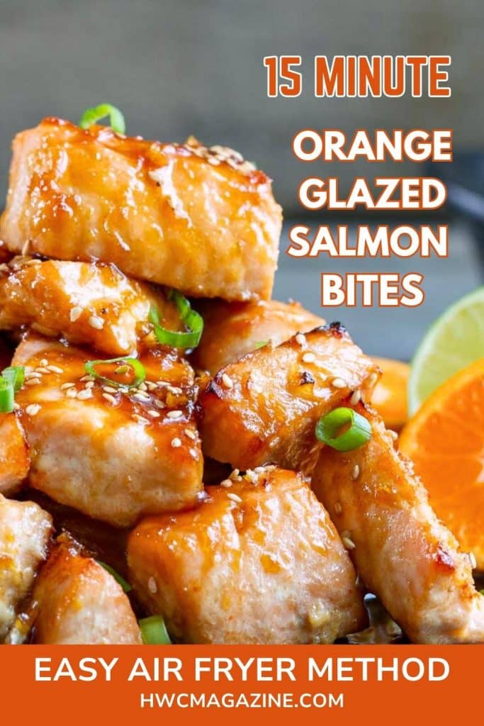 Orange Glazed Air Fryer Salmon Bites garnished with sesame seeds and green onions.
