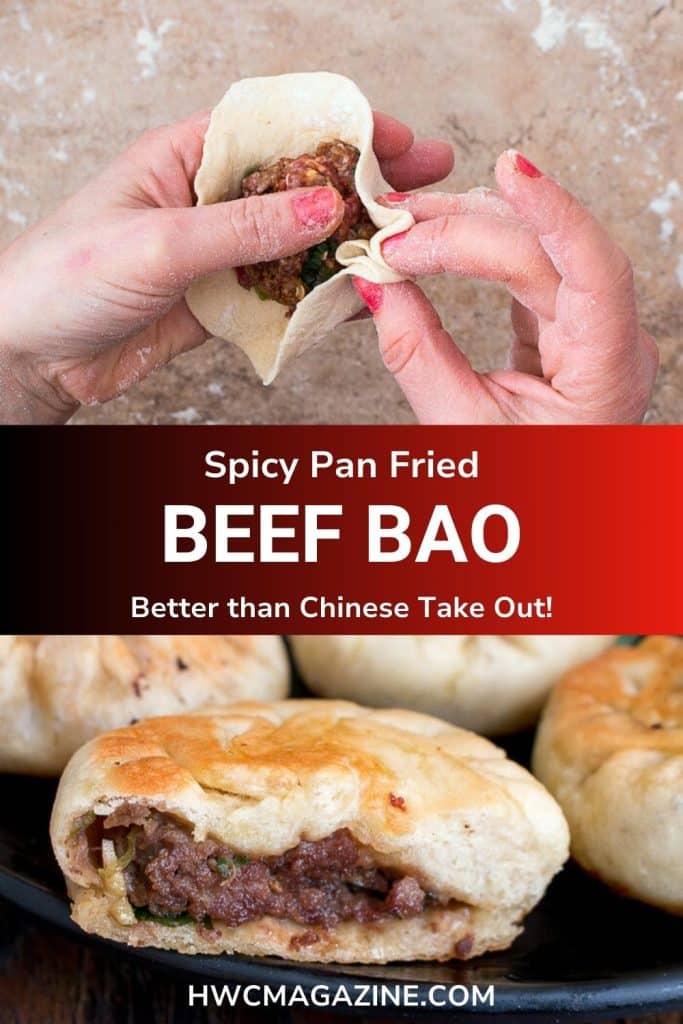 Crimping the beef bao bun and one spicy beef bao pan fried on black dish.