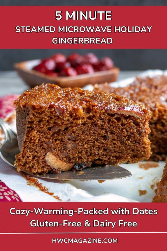 Slice of microwaved steamed gingerbread studded with dates getting served.