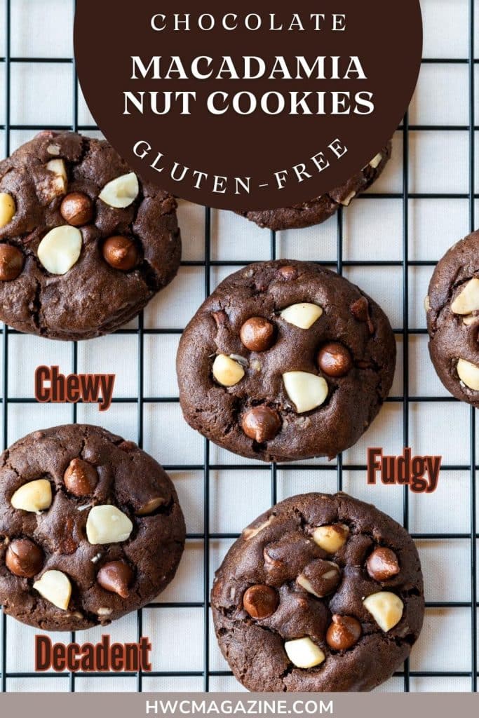 Fudgy chocolate macadamia nut cookies cooling on a rack.