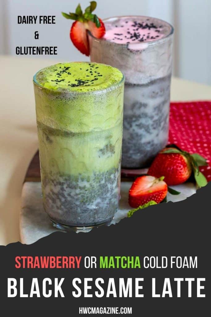 2 Iced black sesame lattes - one with matcha cold foam and the other with sweet strawberry foam.