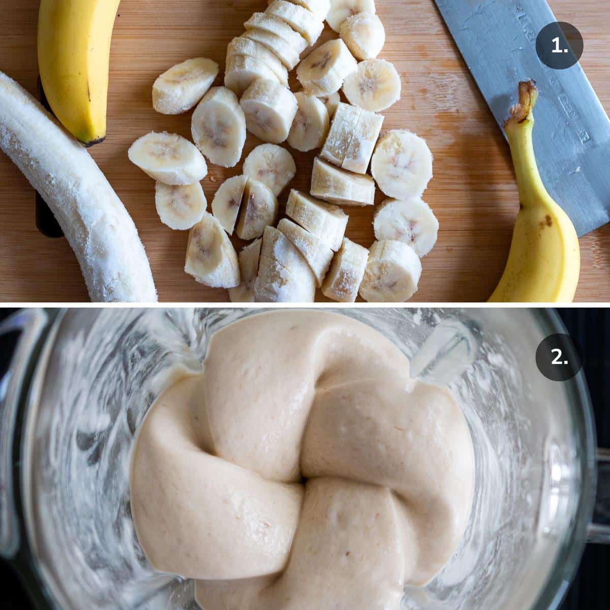 Chopping frozen bananas and blending with a little non-dairy milk.