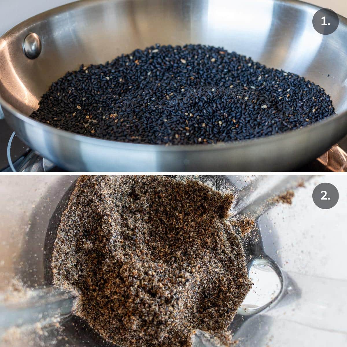 Roasting unhulled black sesame seeds in a pan and grinding them in a high powered blender.