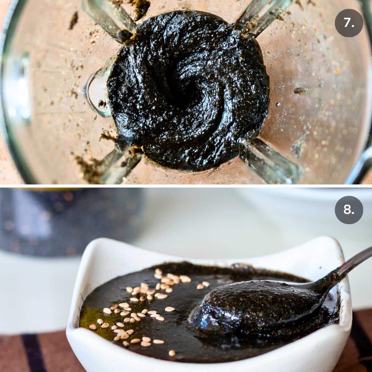 Recipe for black sesame paste is done blending and the resulting Asian condiment is sticky and thick but spreadable. 