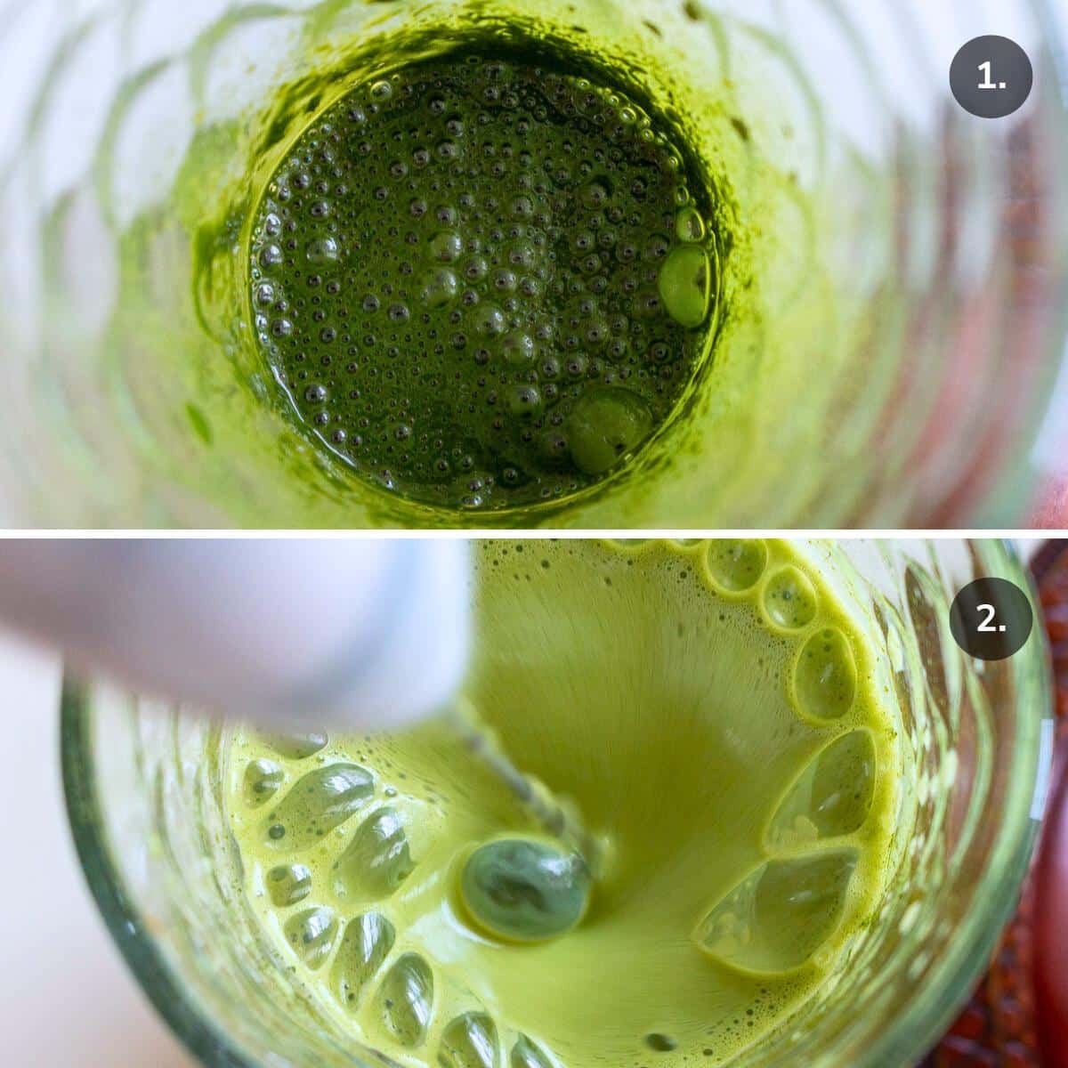 Matcha cold foam getting frothed in a clear tall glass.