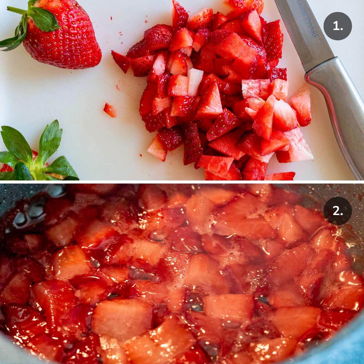Chopped fresh strawberry cooking on a sauté pan. 