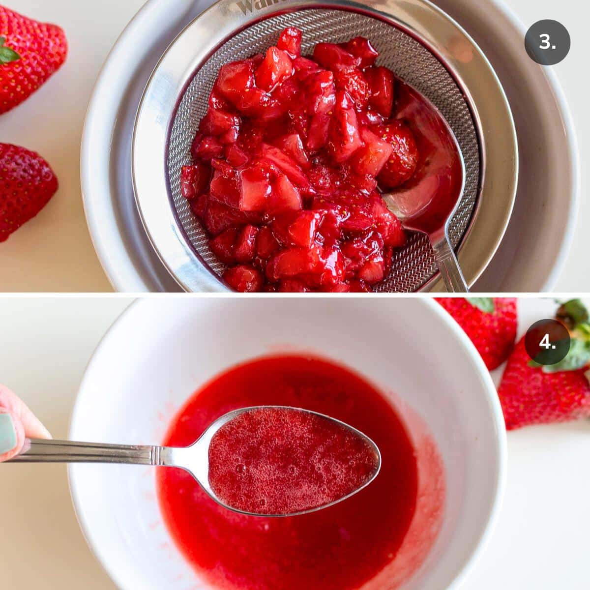 Mashing strawberries over fine mesh strainer to release the strawberry syrup. 