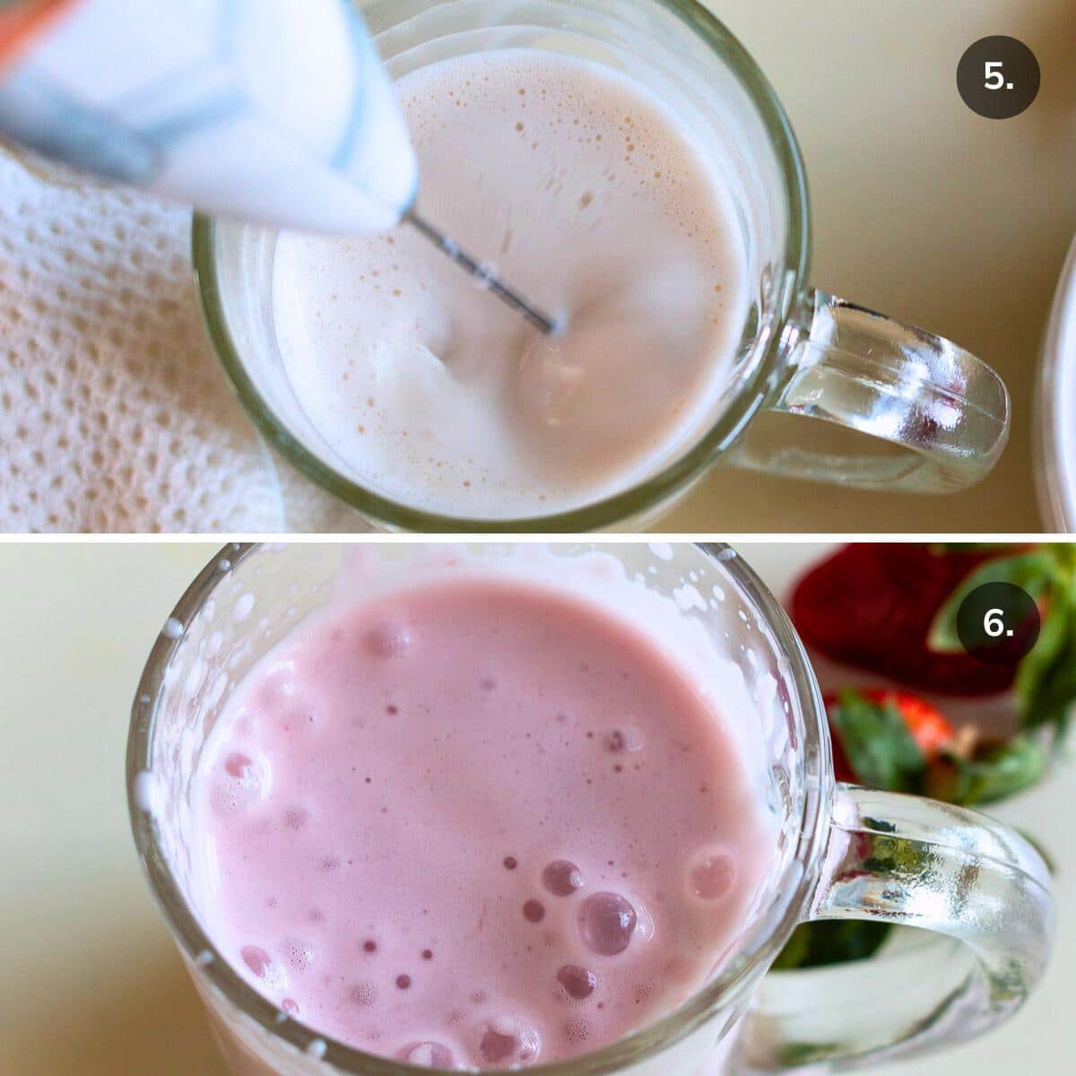 Frother non-dairy creamer and then adding the pink strawberry syrup. 