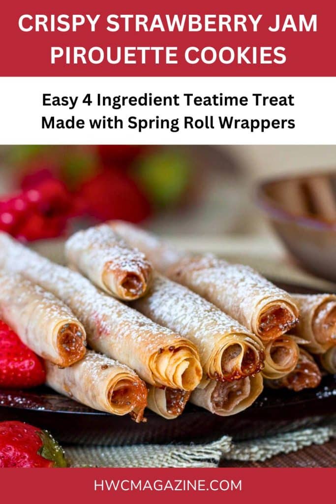 Easy strawberry pirouette cookies dusted in powdered sugar.