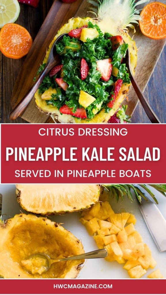 Pineapple kale salad served in a pineapple boat.