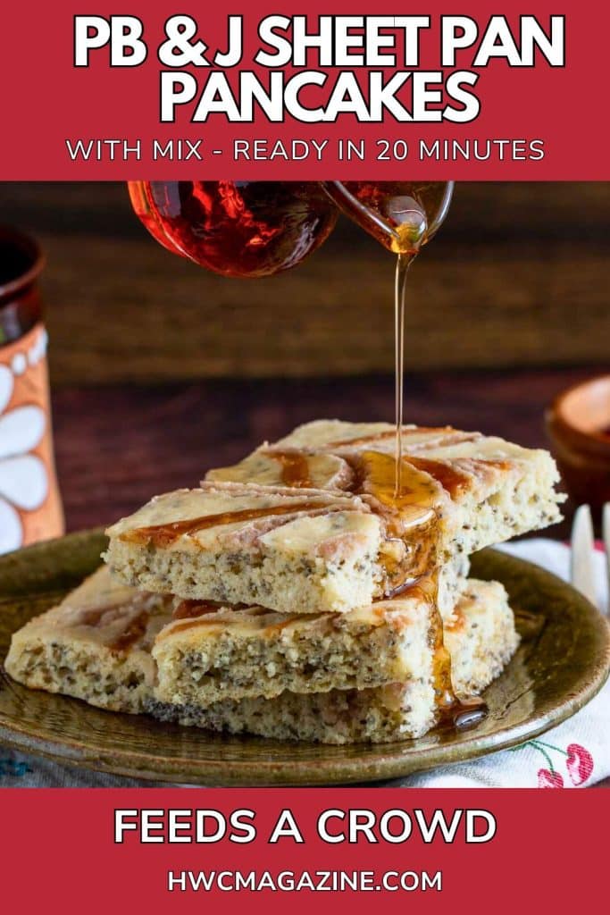 Syrup getting poured over peanut butter and jelly sheet pan pancakes with mix.