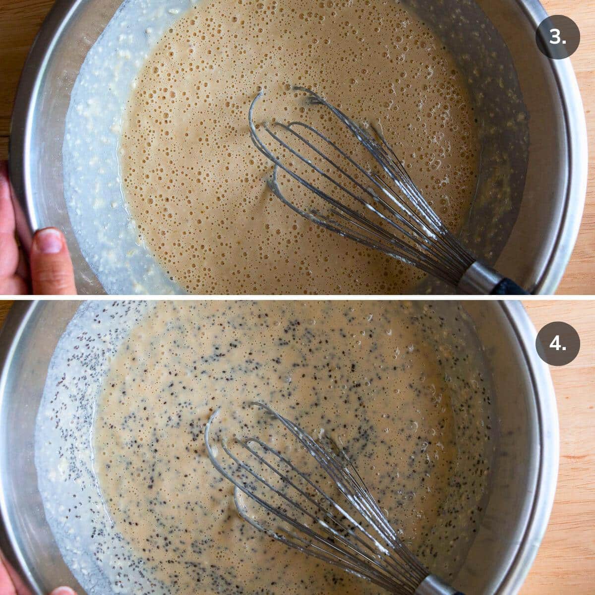 Adding in the almond milk and chia seeds into the pancake batter.