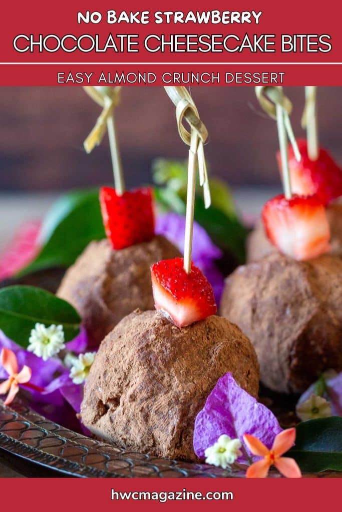 5 chocolate cheesecake bites on a wooden plate.