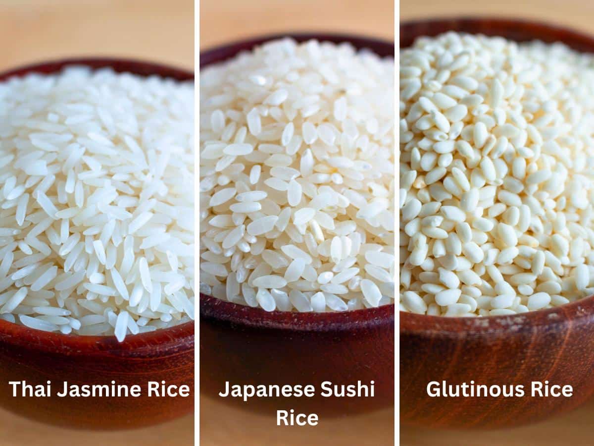 Photo comparing jasmine, sushi and glutinous rice. 