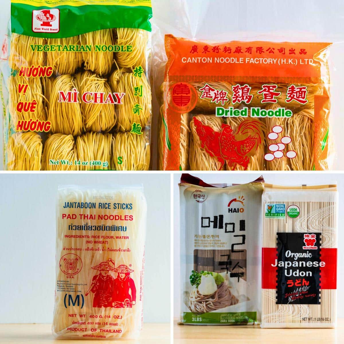Cantonese egg noodles, pad Thai noodles, soba and udon noodles dried in original packaging on the wooden table. 