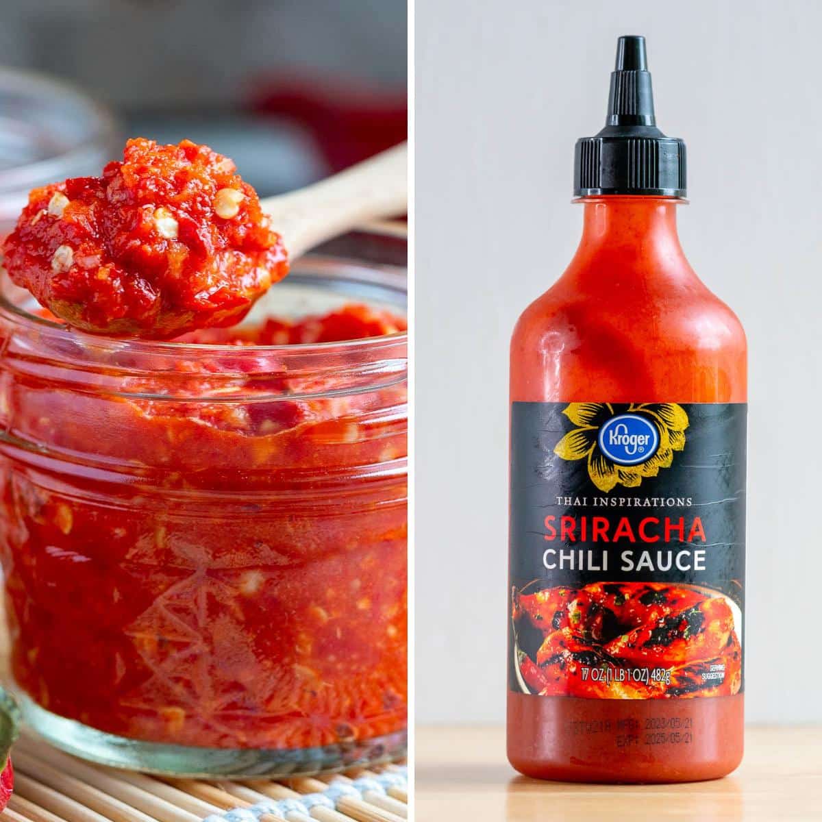 Homemade garlic chili sauce next to a bottle of store bough Sriracha sauce. 