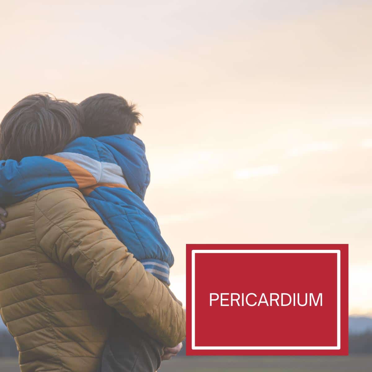 Parent holding and protecting a child with Pericardium red sign.  