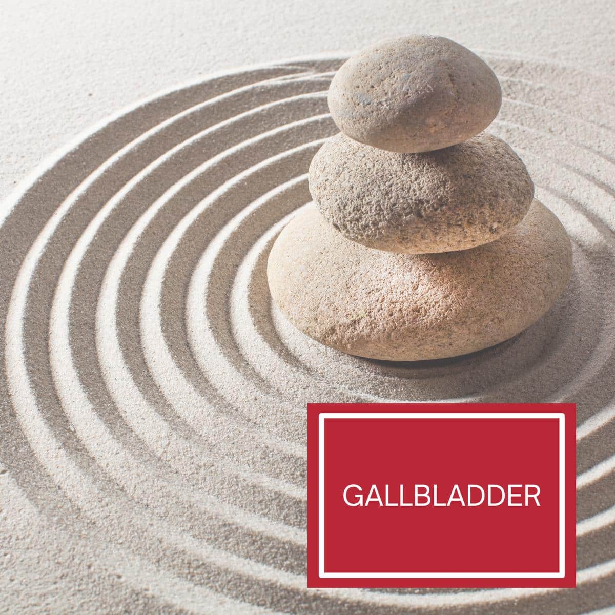 Traditional Chinese Medicine sand meditation with swirls and rocks representing calm with a red gallbladder sign.