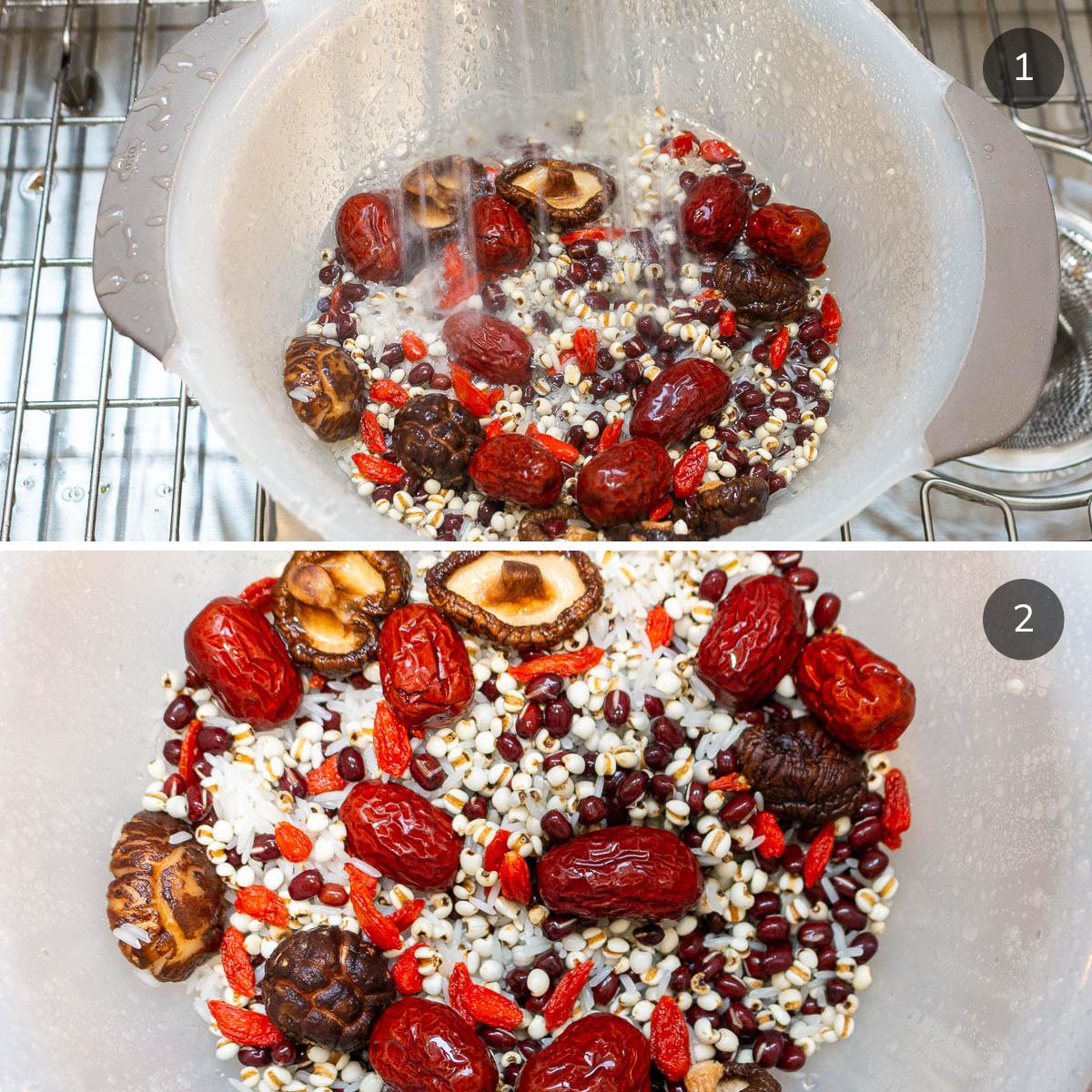 Rinsing job's tears, azuki beans, rice, red dates, shiitake mushrooms and goji berries.