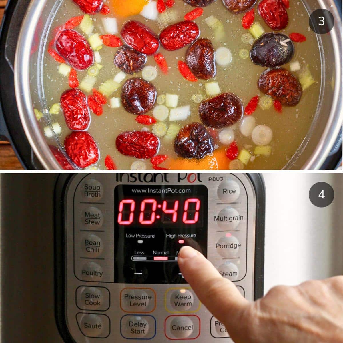 Adding the ingredients to the Instant pot and setting it on the porridge setting for 40 minutes.
