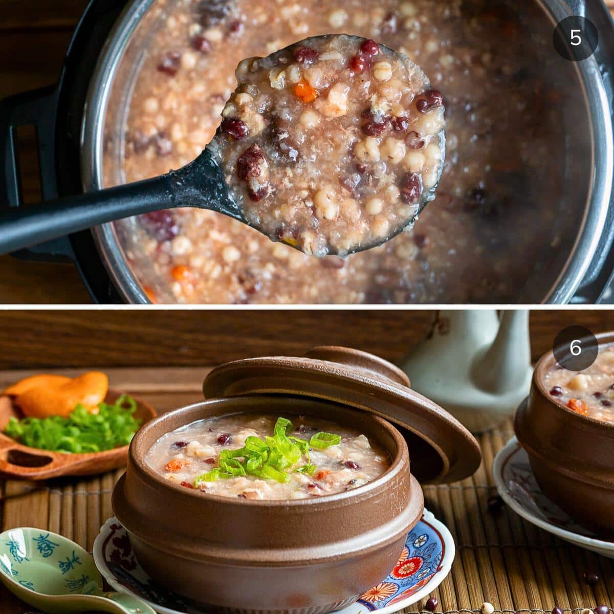 Scooping a spoonful of cozy chicken congee into a brown Chinese soup bowl.