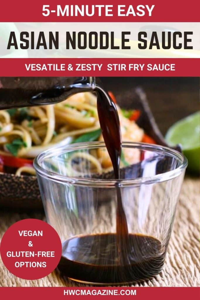 Pouring soy-based Chinese stir fry sauce into a clear glass container