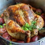 A whole herbed butter roasted crispy skinned chicken with potatoes and carrots in a roasting pan.