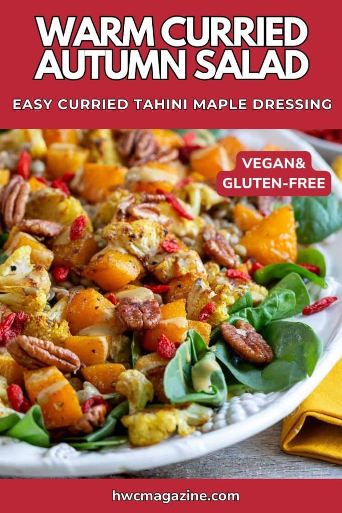 Roasted butternut squash, toasted pecans and goji berries on a bed of greens.