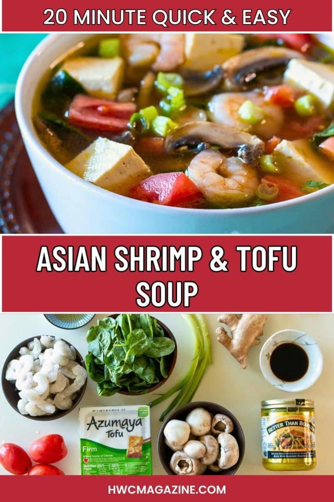 Asian shrimp and tofu soup and all the ingredients to make it laid out on a beige board.