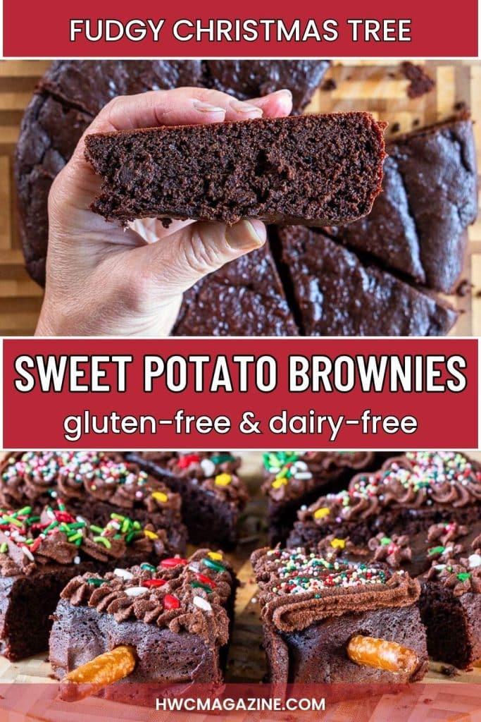 A fudgy gluten free and dairy free sweet potato brownie plain and decorated.