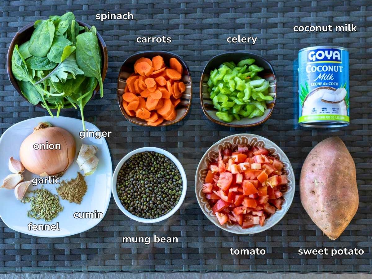Ingredients and spices to make an easy to digest mung bean soup.