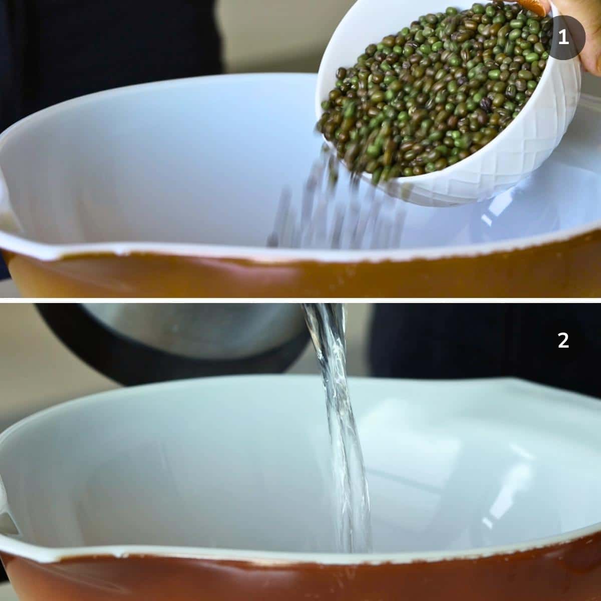 Rinsing mung beans and then pouring over hot boiling water from a tea kettle over the beans.