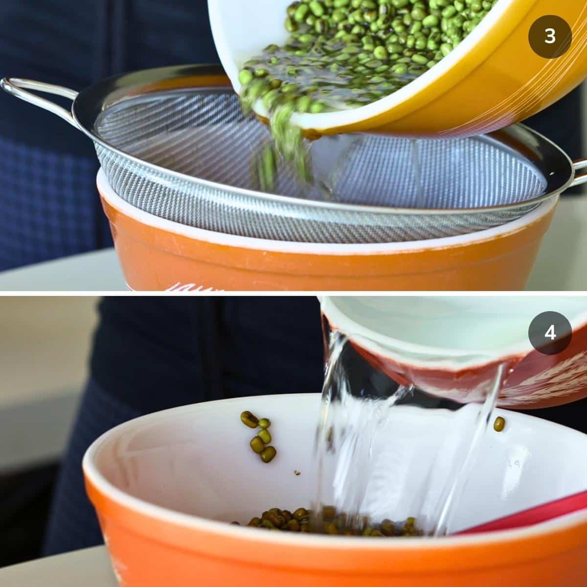Pouring the soaked beans through a colander and then giving them a final rinse.